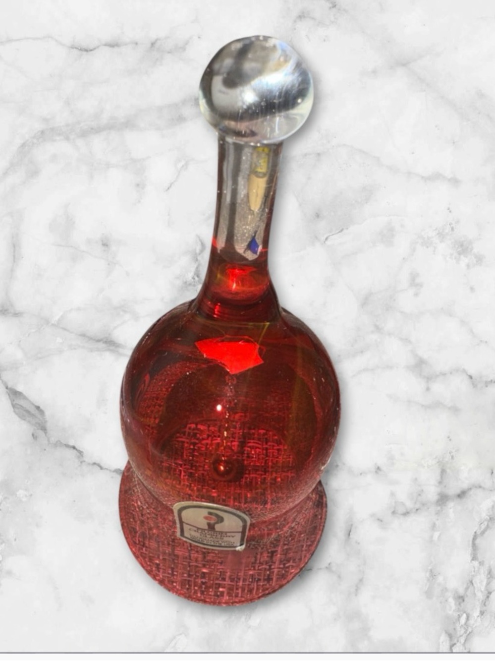 Pilgrim Red Glass Dinner Bell Decanter with Clear Stopper